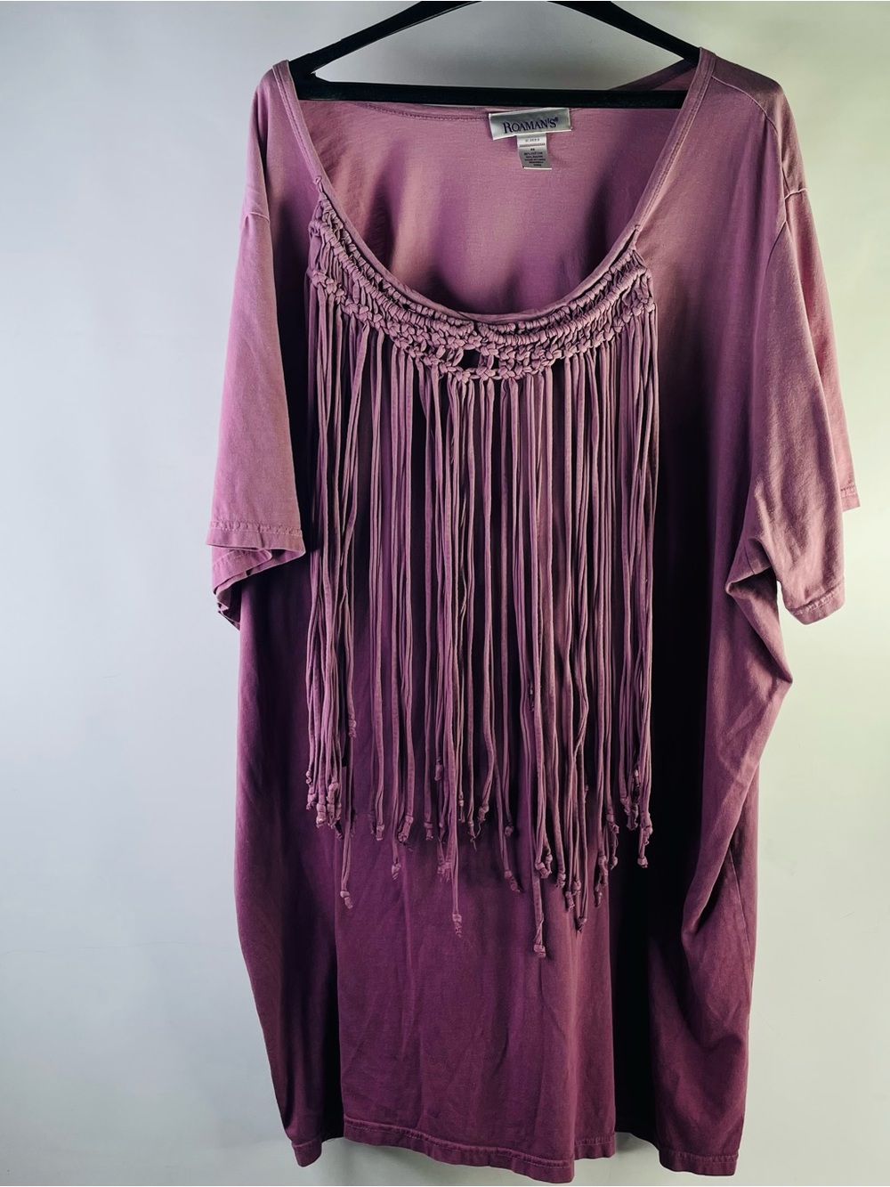 Roaman's Mauve Fringe Scoop-Neck Tunic Macrame Fringe Jersey Fabric 4X